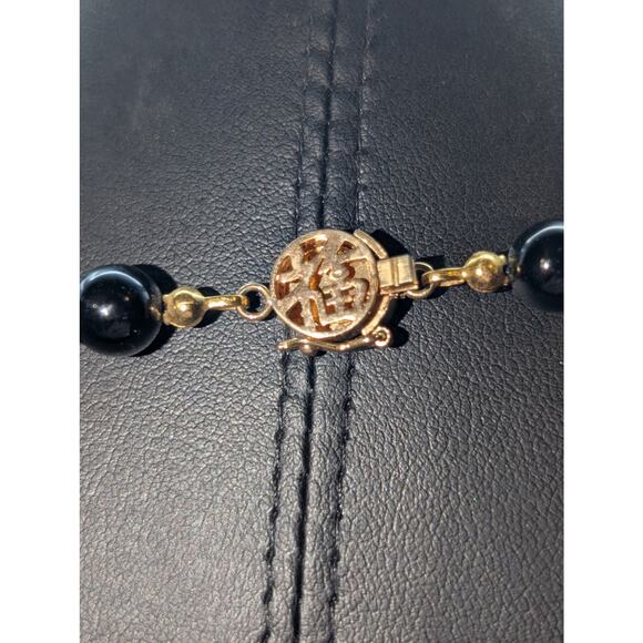 8mm Black Stone Beaded Hand Knotted Necklace 925 Vermeil Chinese Symbol Clasp - Picture 4 of 6